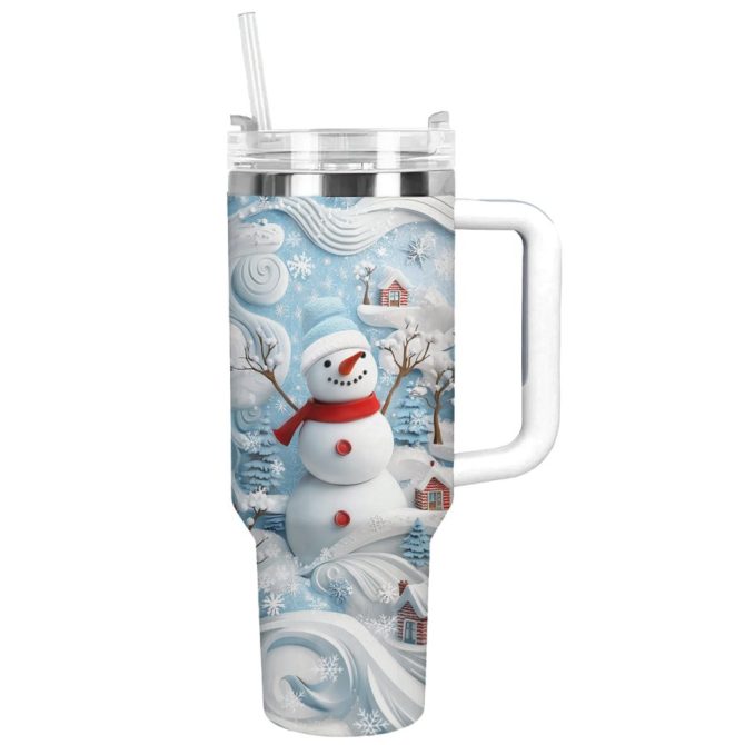 Cheerful Christmas Snowman Custom Stanley Quencher 40Oz Stainless Steel Tumbler With Handle