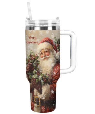 Cheerful Santa Claus Christmas Custom Stanley Quencher 40Oz Stainless Steel Tumbler With Handle