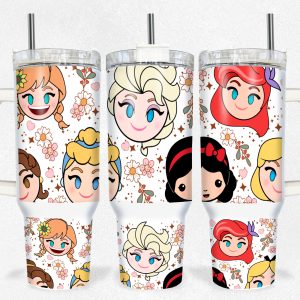 Chibi Disney Princesses Cartoon Custom Stanley Quencher 40Oz Stainless Steel Tumbler With Handle