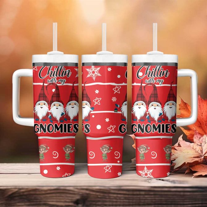 Chillin With My Gnomies Merry Christmas Custom Stanley Quencher 40Oz Stainless Steel Tumbler With Handle - Image 4
