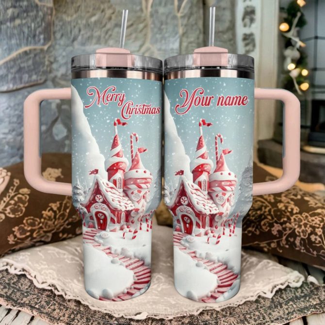 Christmas Candy Cane Castle Custom Stanley Quencher 40Oz Stainless Steel Tumbler With Handle - Image 3
