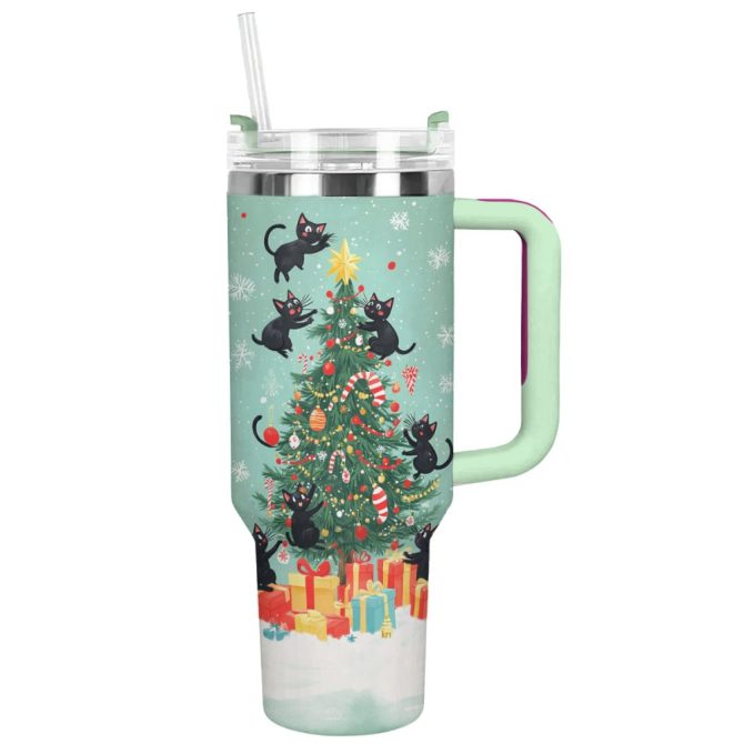 Christmas Cat Mischief Custom Stanley Quencher 40Oz Stainless Steel Tumbler With Handle