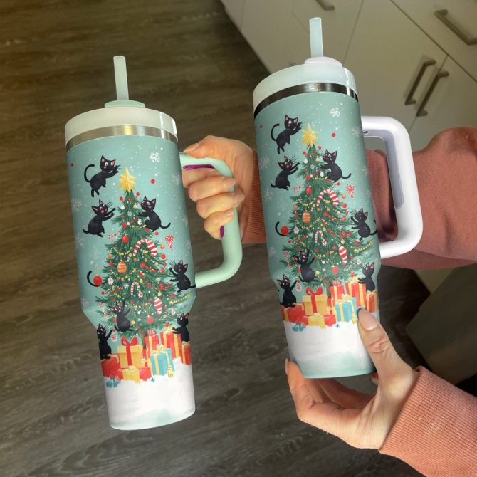 Christmas Cat Mischief Custom Stanley Quencher 40Oz Stainless Steel Tumbler With Handle - Image 2