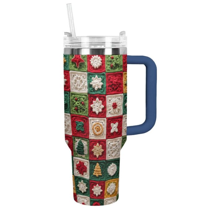 Christmas Crochet Granny Square Custom Stanley Quencher 40Oz Stainless Steel Tumbler With Handle