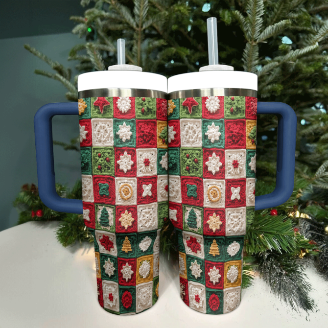 Christmas Crochet Granny Square Custom Stanley Quencher 40Oz Stainless Steel Tumbler With Handle - Image 2