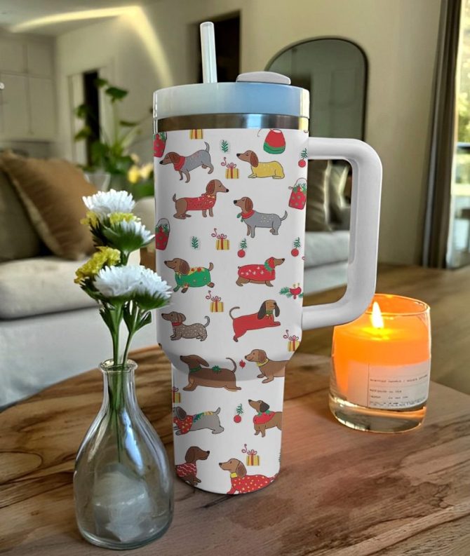 Christmas Dachshund Cheer Custom Stanley Quencher 40Oz Stainless Steel Tumbler With Handle - Image 3
