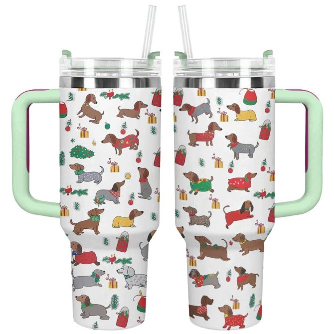 Christmas Dachshund Cheer Custom Stanley Quencher 40Oz Stainless Steel Tumbler With Handle