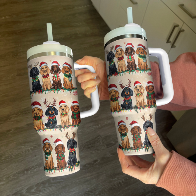 Christmas Dachshund Party Custom Stanley Quencher 40Oz Stainless Steel Tumbler With Handle - Image 3