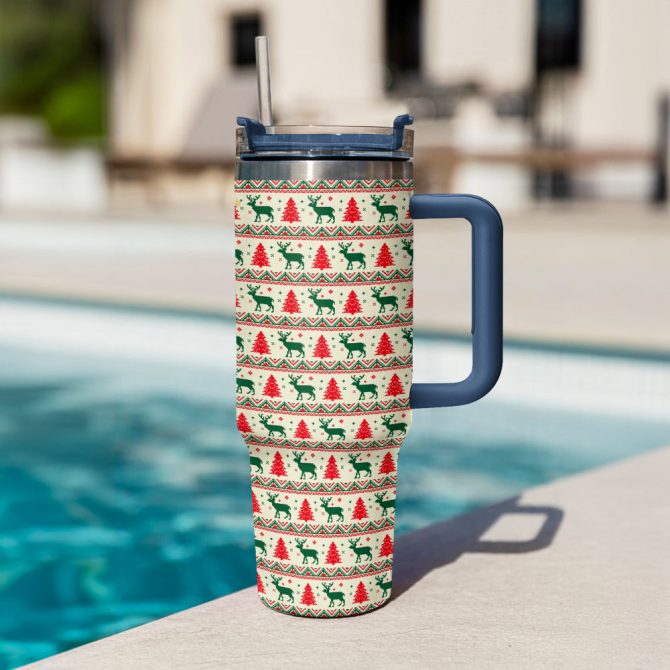 Christmas Festive Reindeer Custom Stanley Quencher 40Oz Stainless Steel Tumbler With Handle - Image 3