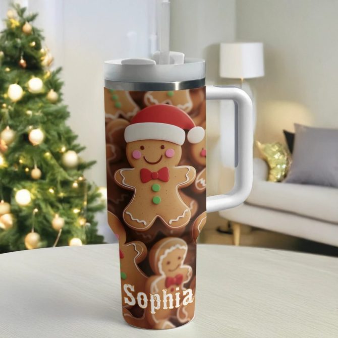Christmas Gingerbread Cheer Custom Stanley Quencher 40Oz Stainless Steel Tumbler With Handle - Image 2