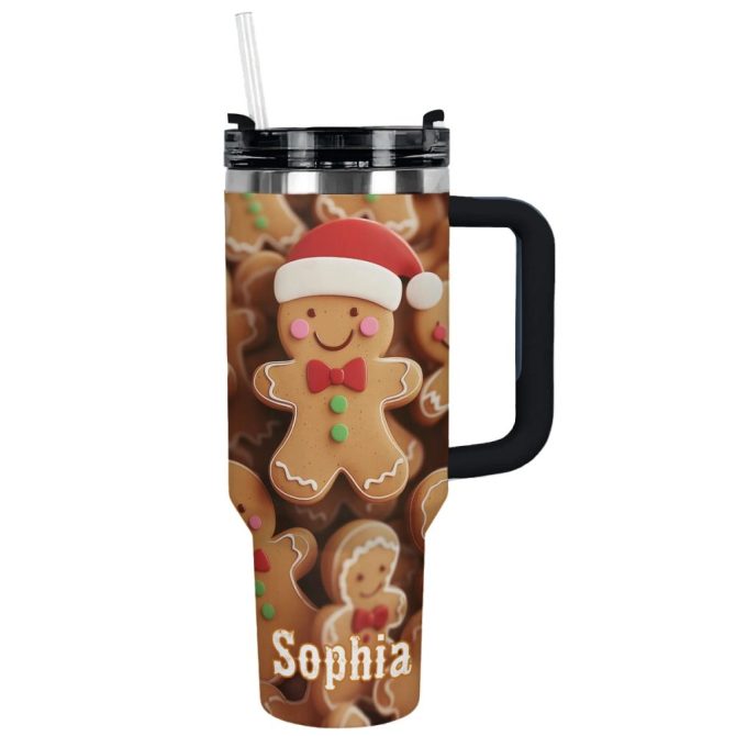 Christmas Gingerbread Cheer Custom Stanley Quencher 40Oz Stainless Steel Tumbler With Handle