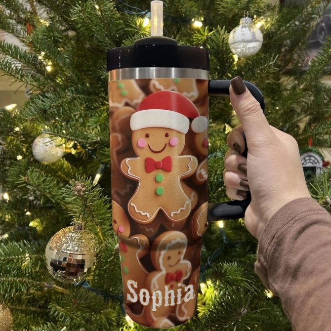 Christmas Gingerbread Cheer Custom Stanley Quencher 40Oz Stainless Steel Tumbler With Handle - Image 3