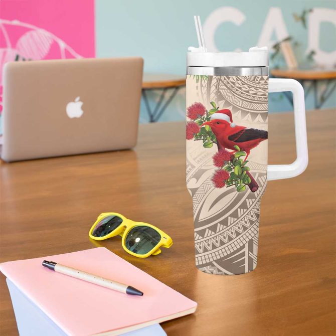 Christmas Hawaii With I #8217;Iwi Bird Aloha Mele Kalikimaka Beige Art Custom Stanley Quencher 40Oz Stainless Steel Tumbler With Handle - Image 5