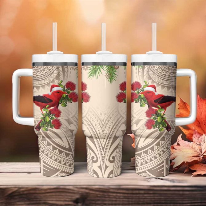 Christmas Hawaii With I #8217;Iwi Bird Aloha Mele Kalikimaka Beige Art Custom Stanley Quencher 40Oz Stainless Steel Tumbler With Handle - Image 4