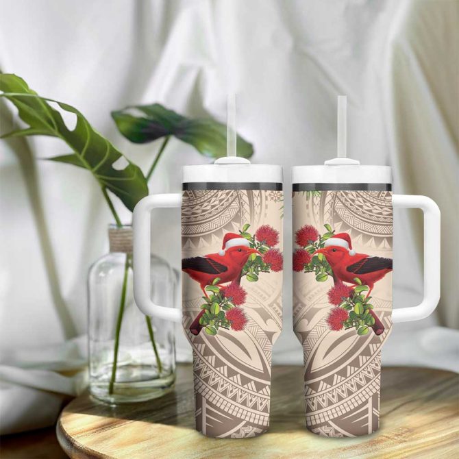 Christmas Hawaii With I #8217;Iwi Bird Aloha Mele Kalikimaka Beige Art Custom Stanley Quencher 40Oz Stainless Steel Tumbler With Handle - Image 9