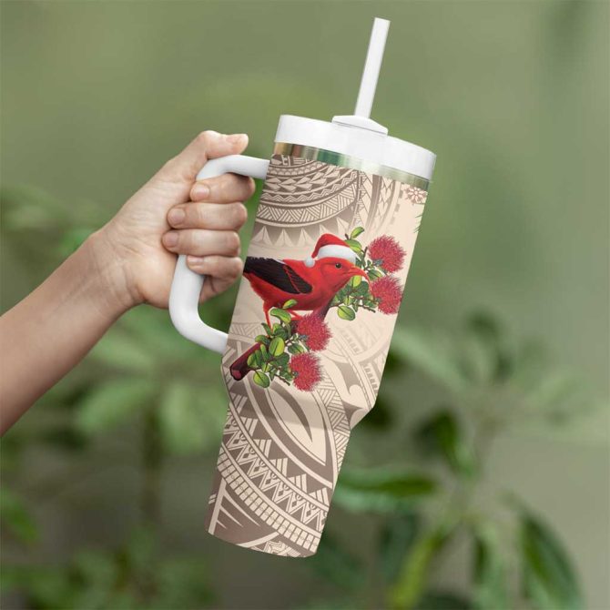 Christmas Hawaii With I #8217;Iwi Bird Aloha Mele Kalikimaka Beige Art Custom Stanley Quencher 40Oz Stainless Steel Tumbler With Handle - Image 3