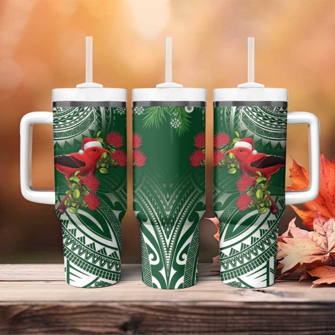 Christmas Hawaii With I #8217;Iwi Bird Aloha Mele Kalikimaka Green Art Custom Stanley Quencher 40Oz Stainless Steel Tumbler With Handle - Image 4
