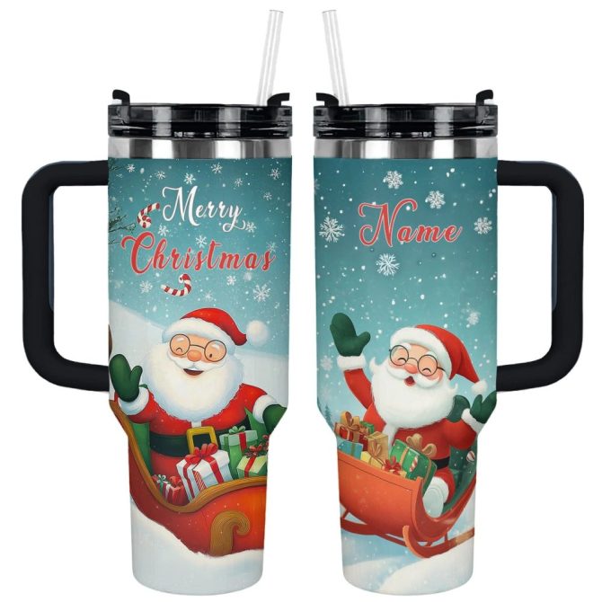 Christmas Jolly Santa Sleigh Ride Custom Stanley Quencher 40Oz Stainless Steel Tumbler With Handle