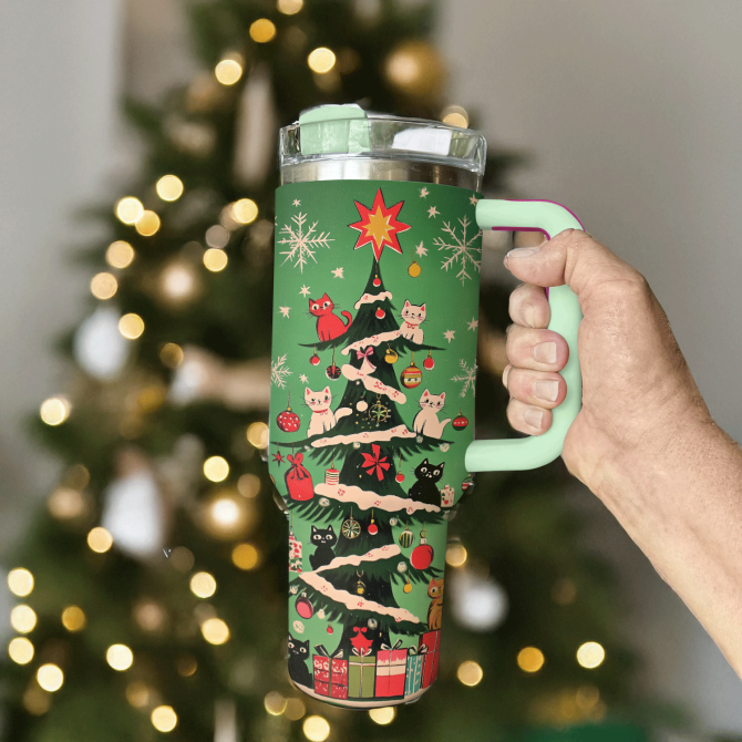 Christmas Kitty Tree Custom Stanley Quencher 40Oz Stainless Steel Tumbler With Handle - Image 2