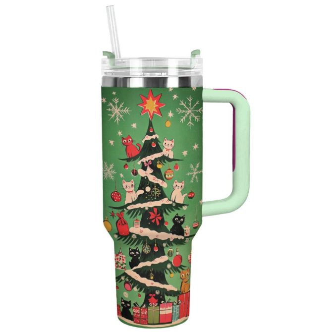 Christmas Kitty Tree Custom Stanley Quencher 40Oz Stainless Steel Tumbler With Handle