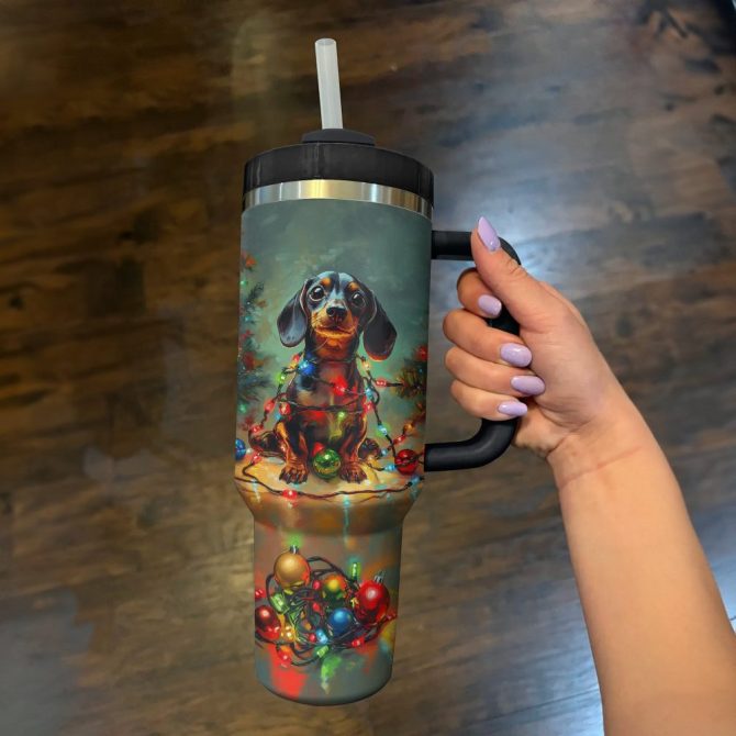 Christmas Lights Dachshund Custom Stanley Quencher 40Oz Stainless Steel Tumbler With Handle - Image 3
