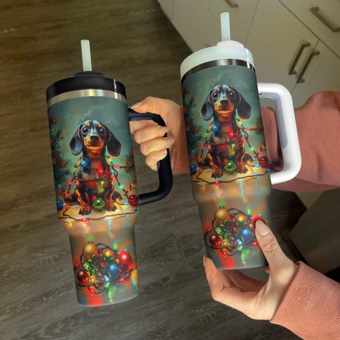 Christmas Lights Dachshund Custom Stanley Quencher 40Oz Stainless Steel Tumbler With Handle - Image 2