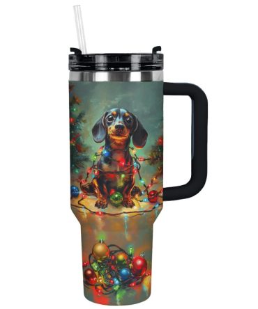 Christmas Lights Dachshund Custom Stanley Quencher 40Oz Stainless Steel Tumbler With Handle