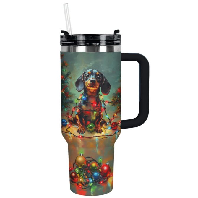 Christmas Lights Dachshund Custom Stanley Quencher 40Oz Stainless Steel Tumbler With Handle