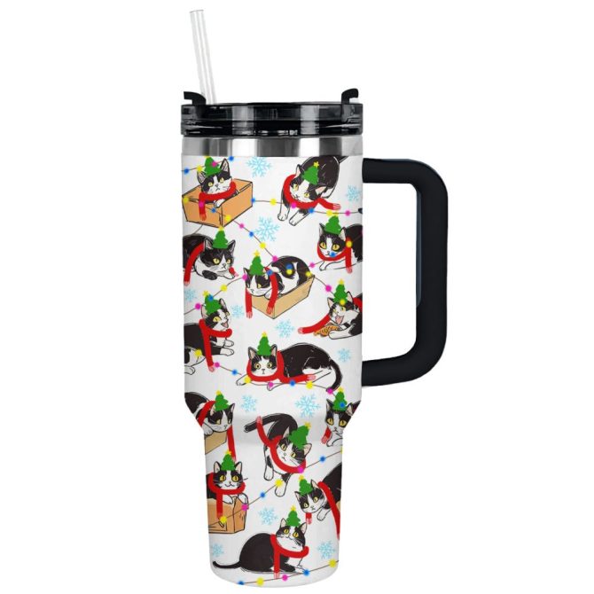Christmas Naughty Tuxedo Cat Custom Stanley Quencher 40Oz Stainless Steel Tumbler With Handle