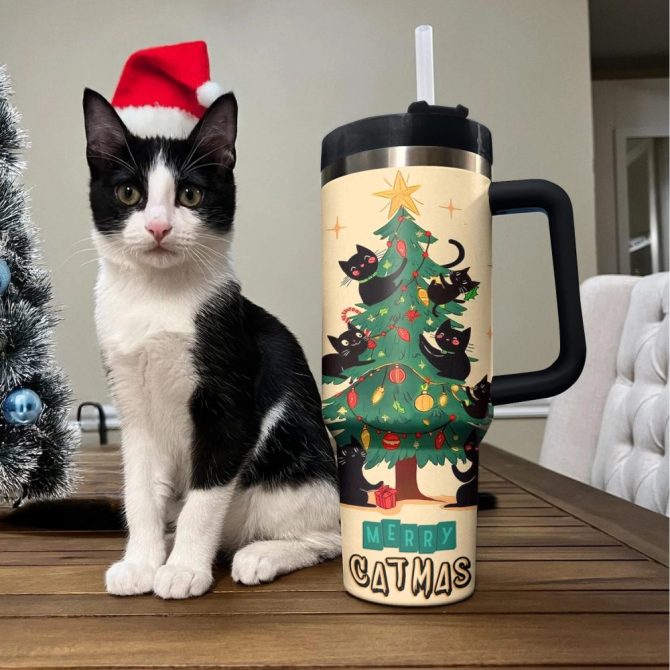 Christmas Purrfect Merry Catmas Custom Stanley Quencher 40Oz Stainless Steel Tumbler With Handle - Image 2