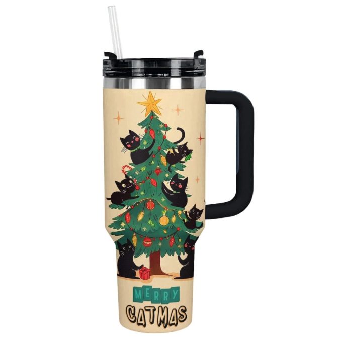 Christmas Purrfect Merry Catmas Custom Stanley Quencher 40Oz Stainless Steel Tumbler With Handle