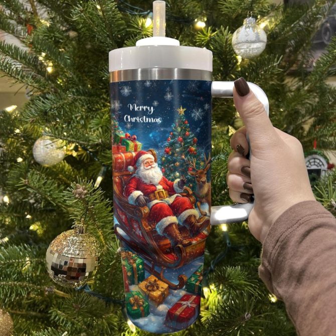 Christmas Santa #8217;S Sleigh Custom Stanley Quencher 40Oz Stainless Steel Tumbler With Handle - Image 2