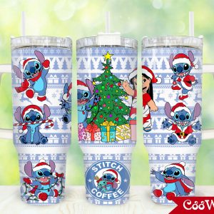 Christmas Stitch Cartoon Custom Stanley Quencher 40Oz Stainless Steel Tumbler With Handle