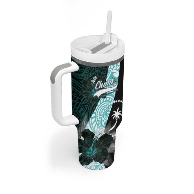 Chuuk Constitution Day Hibiscus Turquoise Custom Stanley Quencher 40Oz Stainless Steel Tumbler With Handle - Image 2