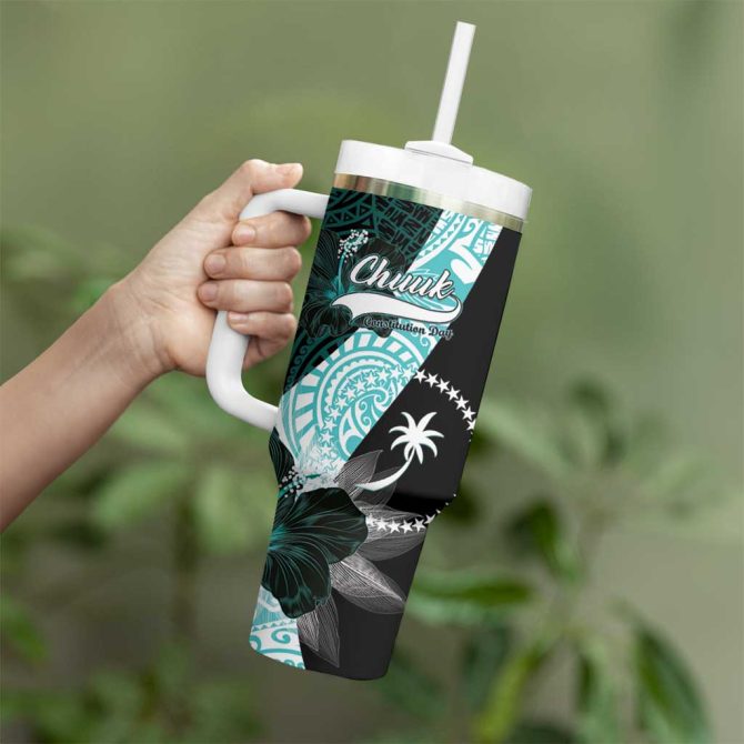 Chuuk Constitution Day Hibiscus Turquoise Custom Stanley Quencher 40Oz Stainless Steel Tumbler With Handle - Image 3