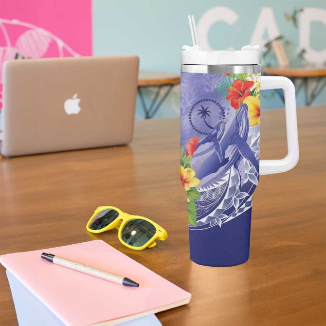 Chuuk States Humpback Whale Polynesian Tropical Flowers Custom Stanley Quencher 40Oz Stainless Steel Tumbler With Handle - Image 5