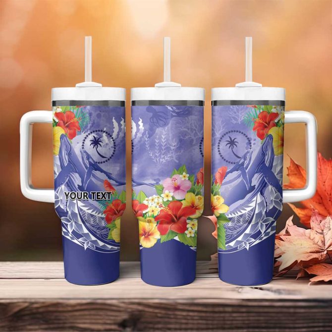 Chuuk States Humpback Whale Polynesian Tropical Flowers Custom Stanley Quencher 40Oz Stainless Steel Tumbler With Handle - Image 4