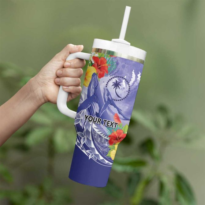 Chuuk States Humpback Whale Polynesian Tropical Flowers Custom Stanley Quencher 40Oz Stainless Steel Tumbler With Handle - Image 3