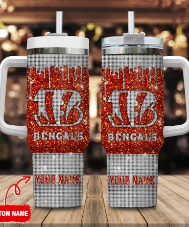 Cincinnati Bengals Nfl Glitter Custom Stanley Quencher 40Oz Stainless Steel Tumbler With Handle