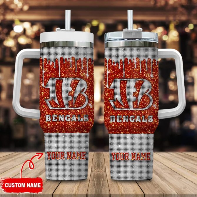 Cincinnati Bengals Nfl Glitter Custom Stanley Quencher 40Oz Stainless Steel Tumbler With Handle