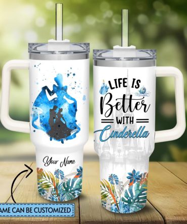 Cinderella Disney Princess Cartoon Custom Stanley Quencher 40Oz Stainless Steel Tumbler With Handle