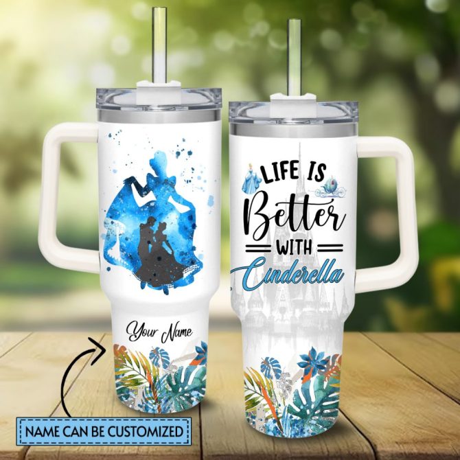Cinderella Disney Princess Cartoon Custom Stanley Quencher 40Oz Stainless Steel Tumbler With Handle
