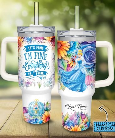 Cinderella Disney Princess Cartoon Custom Stanley Quencher 40Oz Stainless Steel Tumbler With Handle