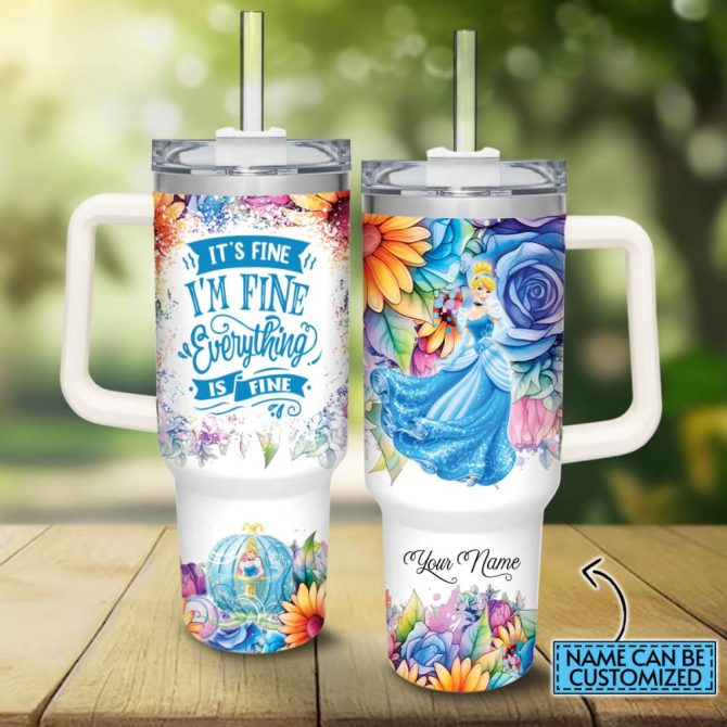 Cinderella Disney Princess Cartoon Custom Stanley Quencher 40Oz Stainless Steel Tumbler With Handle