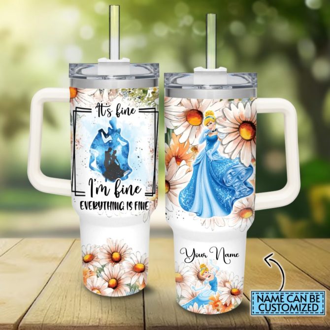 Cinderella Disney Princess Cartoon Custom Stanley Quencher 40Oz Stainless Steel Tumbler With Handle