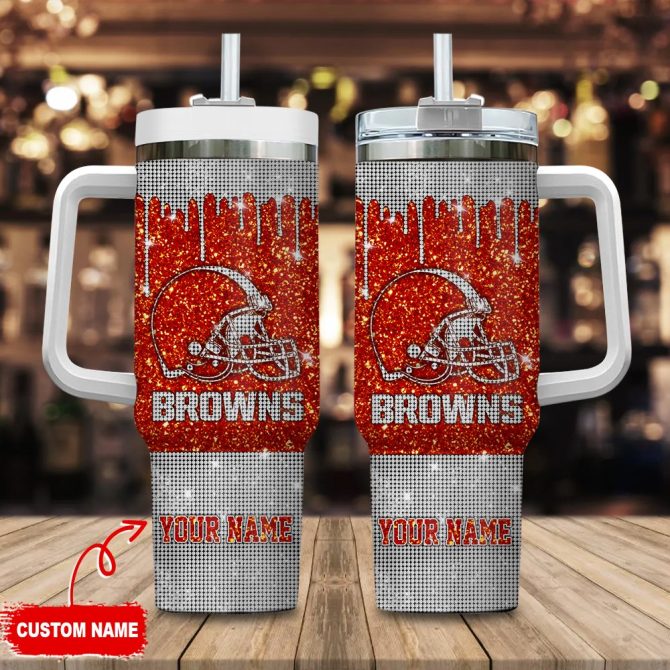 Cleveland Browns Nfl Glitter Custom Stanley Quencher 40Oz Stainless Steel Tumbler With Handle