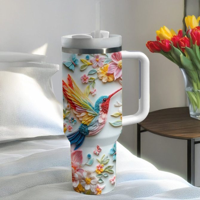 Colibri Floral Hummingbird Custom Stanley Quencher 40Oz Stainless Steel Tumbler With Handle - Image 4