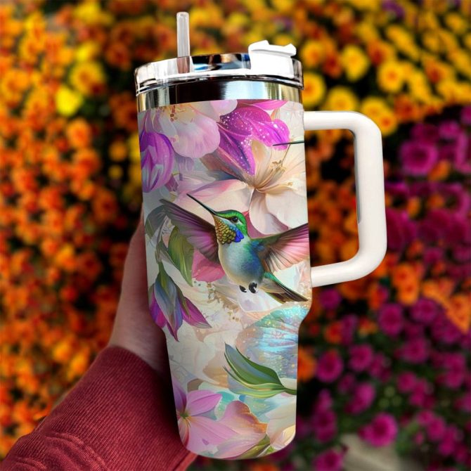 Colibri Floral Hummingbird Custom Stanley Quencher 40Oz Stainless Steel Tumbler With Handle - Image 3