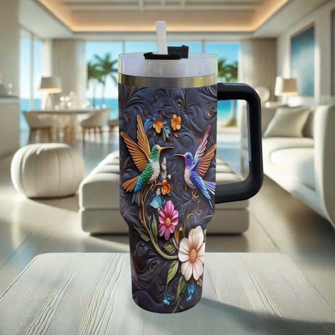 Colibri Floral Hummingbird Custom Stanley Quencher 40Oz Stainless Steel Tumbler With Handle - Image 3
