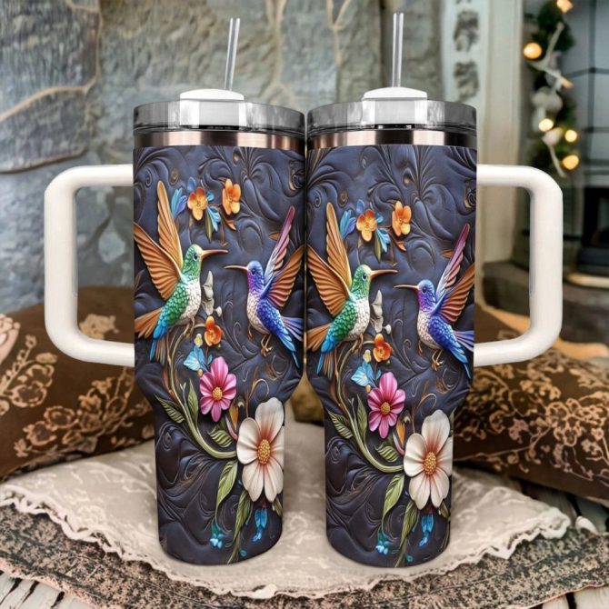 Colibri Floral Hummingbird Custom Stanley Quencher 40Oz Stainless Steel Tumbler With Handle - Image 4